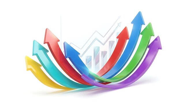 Colorful 3D arrows pointing upwards representing business growth and financial success in a modern digital concept style