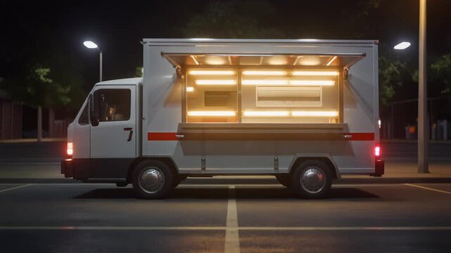 Food truck hatch glowing in a lot