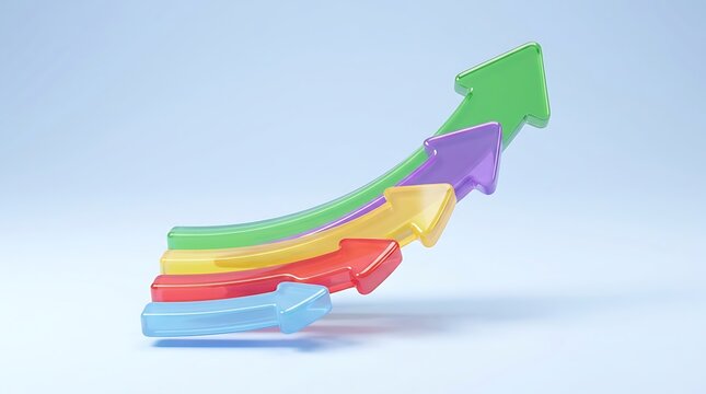 Colorful 3D arrows pointing up showing business growth and success concept on a soft blue studio background