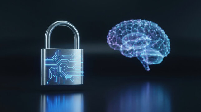Cybersecurity and Artificial Intelligence Concept with Digital Padlock and Neural Network Brain