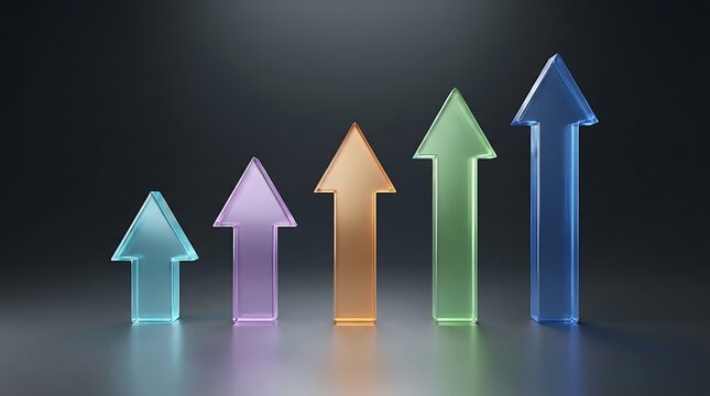 Five colorful glass arrows showing growth and success on a dark background representing business progress and profits