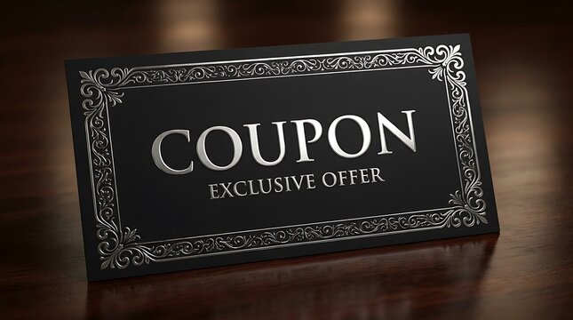 Elegant black coupon card with vintage silver ornate frame and exclusive offer text for premium retail sale promotion