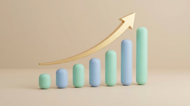 A 3D render of a rising bar chart with pastel blue and green columns and a golden arrow showing growth and success
