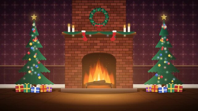 Symmetrical Cozy Christmas Fireplace Room Interior Animation Loop   