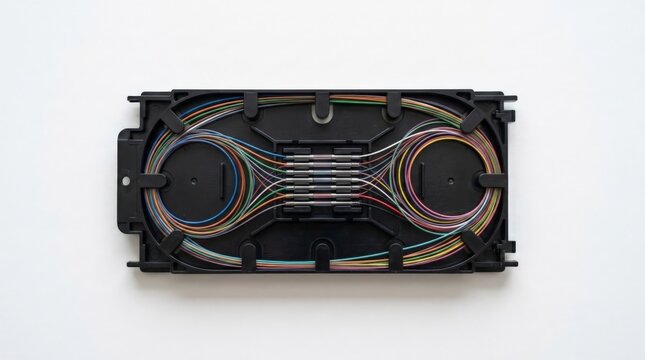 A close up top down view of a black splice tray containing organized colorful fiber optic cables and fusion splice protectors neatly arranged inside a structured telecommunication enclosure