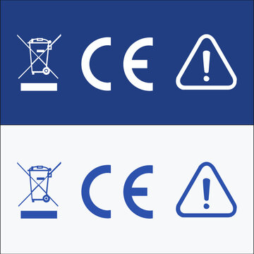WEEE crossed, CE mark and warning triangle icons in blue and white, electronic waste disposal and safety sign