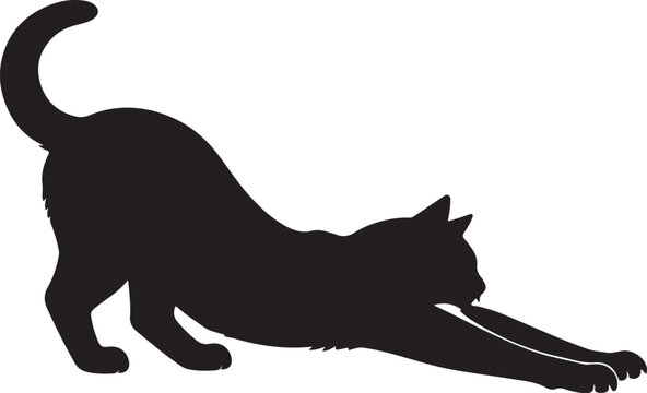  a cat stretching its front legs forward, natural playful pose silhouette vector.