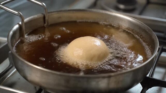 Dough ball puffing in hot oil