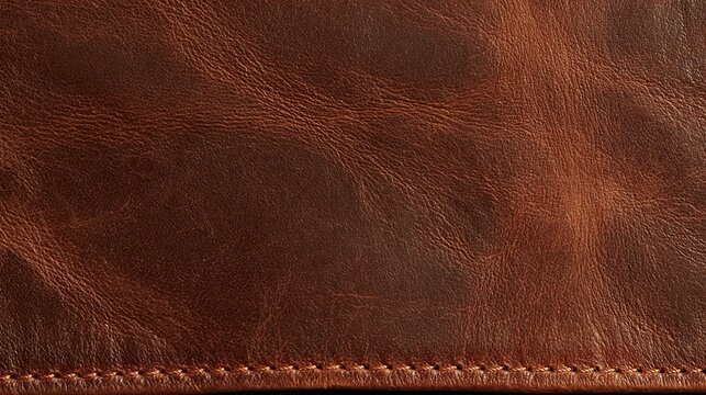 Rich Brown Textured Leather Close-up with Detailed Stitching, Luxurious Material Background