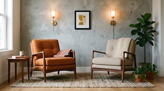 Two comfortable armchairs in a modern living room with a side table and indoor plant against a grey textured wall