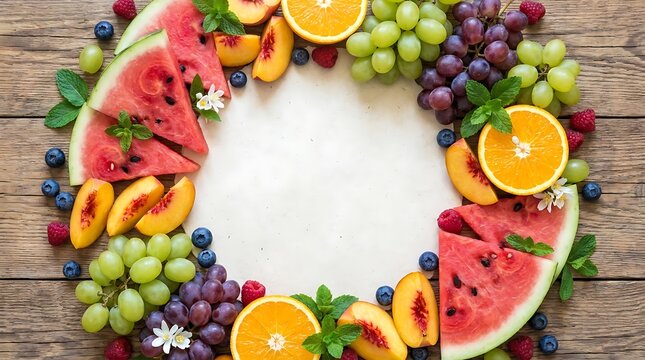 Fresh summer fruit wreath with watermelon slices orange grapes and berries arranged on a rustic wooden board background