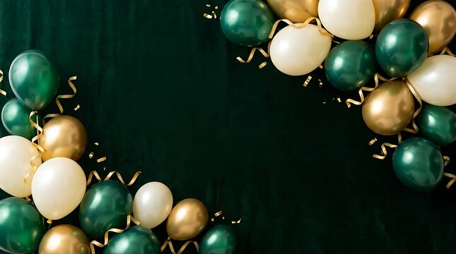 Festive dark green gold and white balloons frame with party ribbons on a black background for holiday celebration