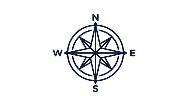 Minimalist navigation compass rose vector illustration with directional letters inside clean white background