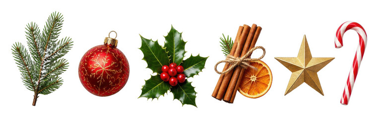 Fototapeta premium Holiday PNG set with pine branch, bauble, holly, cinnamon, star, candy cane on transparent background