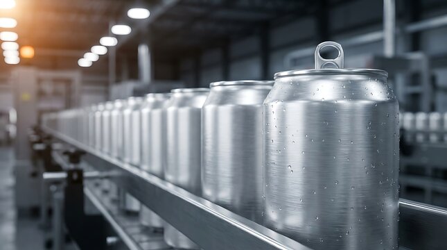 Aluminum beverage cans on conveyor belt in factory production line for drinks manufacturing and packaging process.