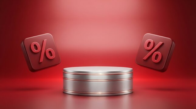 Percentage symbol icons flanking a metallic cylinder on red gradient background