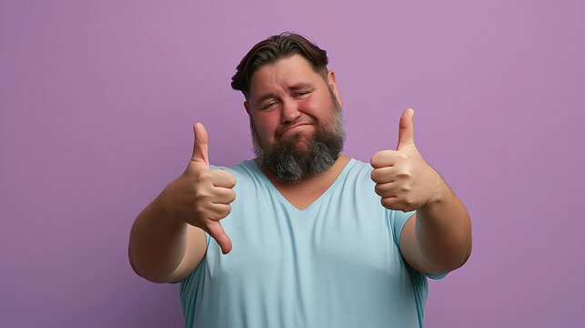 Confused Man with Beard Gives Thumbs Up and Thumbs Down Simultaneously Against Purple Background