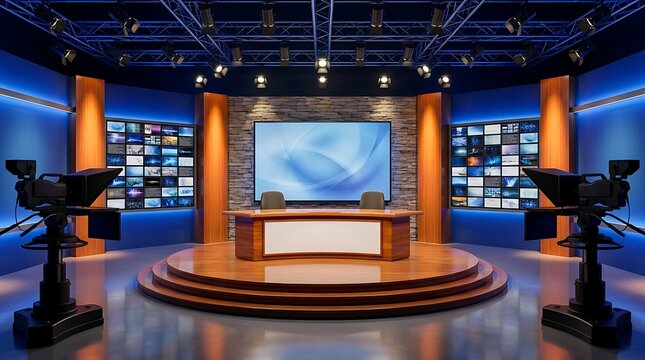 Modern television studio news set with cameras and large screen for broadcast production.