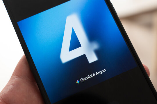 Warsaw, Poland - October 1, 2026: A hand holds a smartphone showing a large number 4 on a blue gradient background with the caption "Gemini 4 Argon", related to Google's Gemini artificial intelligenc