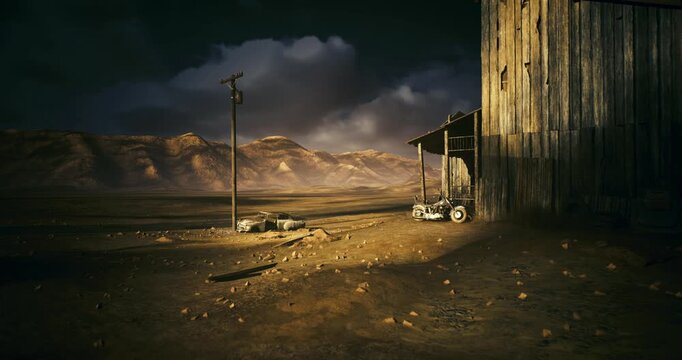 supply shed beside lonely road, stacked crates and broken wheel under slanted light, telephone pole marking route, gritty survivalist atmosphere