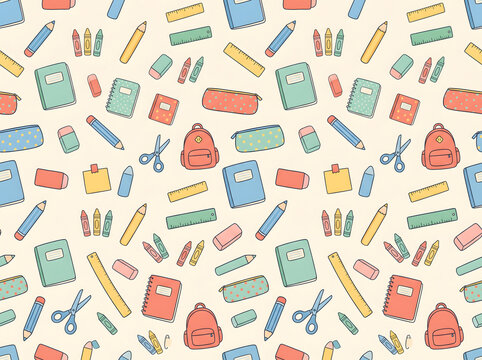 Seamless pattern with colorful school supplies like books, pencils, rulers, and scissors on a light background.
