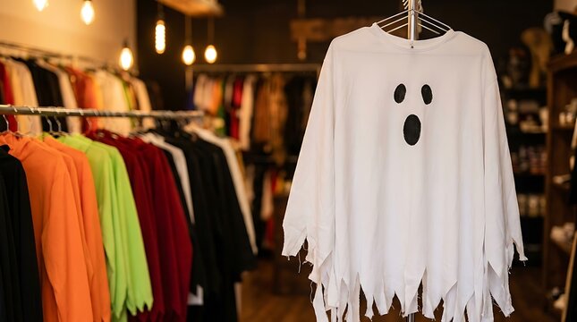 White ghost poncho costume with ragged edges hanging on clothing rack in shop surrounded by colourful retail garments and warm hanging lights bokeh background.
