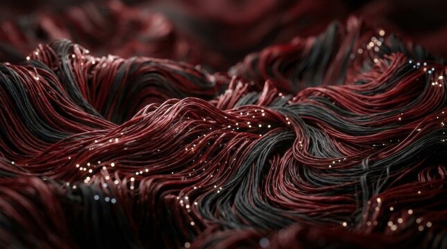 A close up view of intertwined black and red cables forming a complex wave pattern reminiscent of a fiber optic network, illuminated by tiny glowing lights across the textured surface