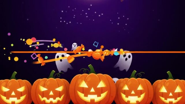 Animated halloween theme background with pumpkins ghosts spider and candy elements on a dark purple background with halloween graphics with celebration
