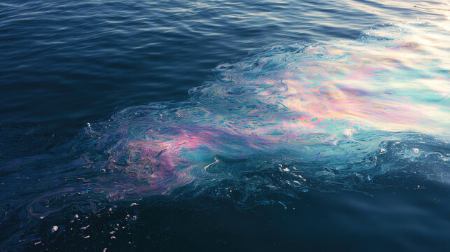 Oil sheen contaminating water surface with dark rippling calm water, iridescent rainbow hydrocarbon film, natural sunlight reflection, vibrant magenta and cyan slick pattern, environmental