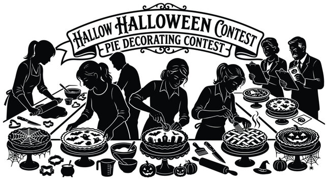 Halloween pie decorating contest featuring bakers creating spooky pastry designs with judges evaluating entries in black silhouette illustration style
