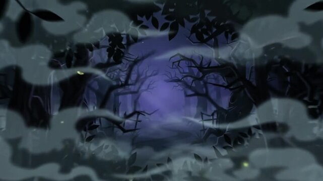Animated dark forest scene with bats flying through thick fog under a full moon in a spooky woodland environment with glowing fireflies with night fog