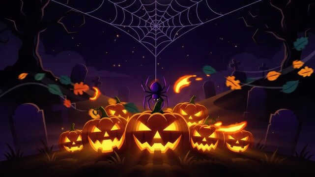 Halloween graveyard scenes featuring glowing carved pumpkins bats and spider webs under full moon with displays animated halloween video displays dark