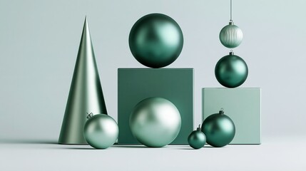 Fototapeta premium Elegant Teal and Silver Geometric Shapes and Christmas Ornaments Arranged for Festive Holiday Display
