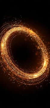 Golden glittering particles forming glowing oval frame. Golden glittering particles creating an elegant glowing elliptical vortex on a black background