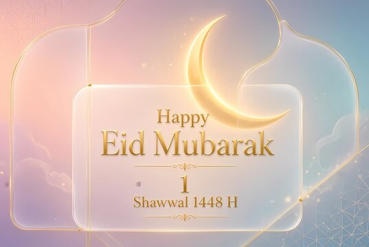Modern Eid Mubarak 1 Shawwal 1448 H Glassmorphism Background with Golden Glowing Moon