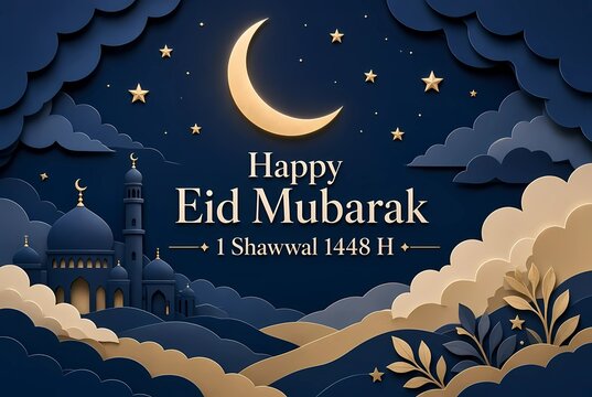 Eid Mubarak 1 Shawwal 1448 H Papercut Style Background with Silhouette Mosque and Crescent Moon