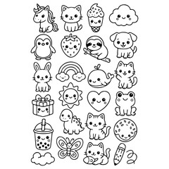 Naklejka premium Cute Kawaii Line Art Doodles Sticker Sheet Set: Adorable Animals, Food, and Sweet Objects including Kitten, Unicorn, Boba, Strawberry, Sloth, Dinosaur, and Rainbow