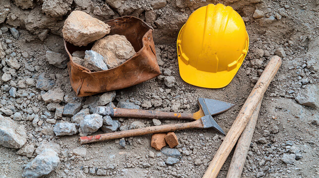 Construction tools and safety gear including yellow hard hat, pickaxes, and bag of rocks, conveying sense of hard work and diligence