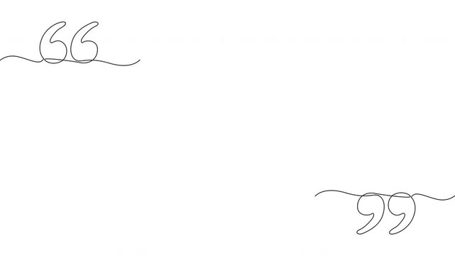 Continuous line animation of quotation marks appearing at opposite corners, symbolizing quotes, speech, dialogue, communication, writing, and storytelling. 4K horizontal video.
