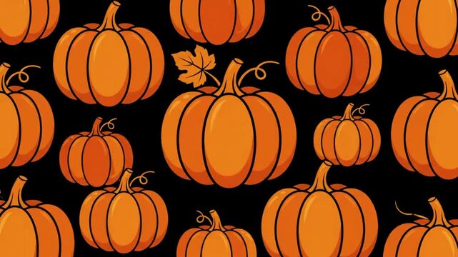 Seamless repeating pattern of orange pumpkins with green leaves and vines on a black background for holiday seasonal decoration with pumpkins with fresh