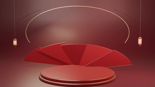 Chinese New Year ruby podium with layered radial panels and incomplete gold halo