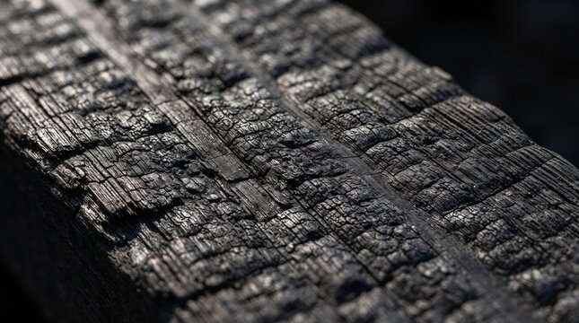 black burned fire damaged timber surface ash dark pattern grain log board destruction ruin material rough burnt coal embers soot weathered aged decay industrial abstract