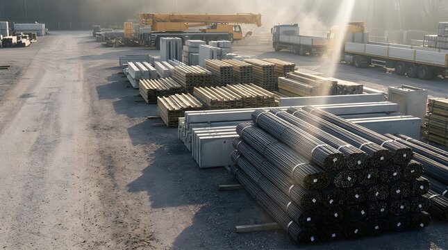 Construction storage yard with organised steel rebar bundles precast concrete elements timber formwork safety yellow accents corporate site management background copy space