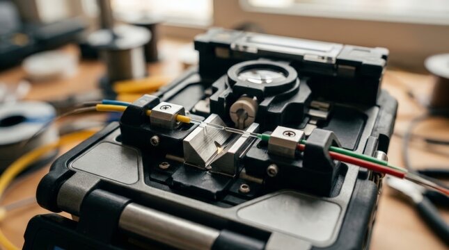 A close up view of a fiber optic fusion splicer carefully aligning thin glass cables on a workbench with tools and spools in the blurred background, underscoring the cable splicing