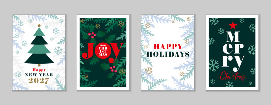 Happy New Year 2027, Merry Christmas and Happy Holidays creative greeting cards. 2027 vector illustration for New Year greetings or covers design