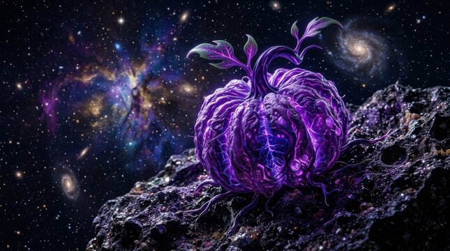 Glowing purple alien pumpkin plant on a rocky asteroid in outer space