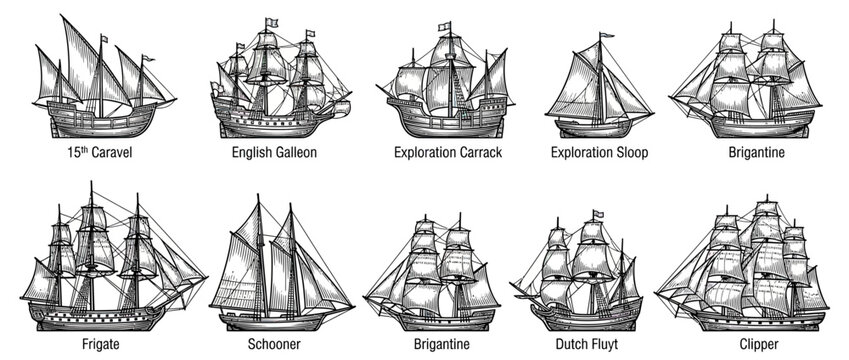Vintage Sailing Ship Types Collection Isolated
