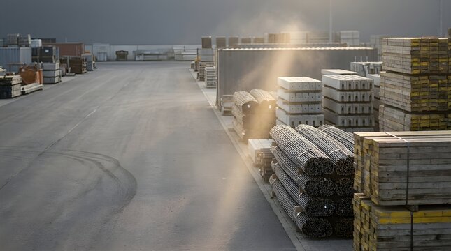 Precast concrete and steel reinforcement storage yard with timber formwork organised in rows industrial construction site infrastructure background with dust haze and copy space
