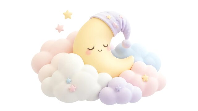 Tiny sleeping crescent moon with soft fluffy clouds, pastel colors, dreamy 3D style, white background