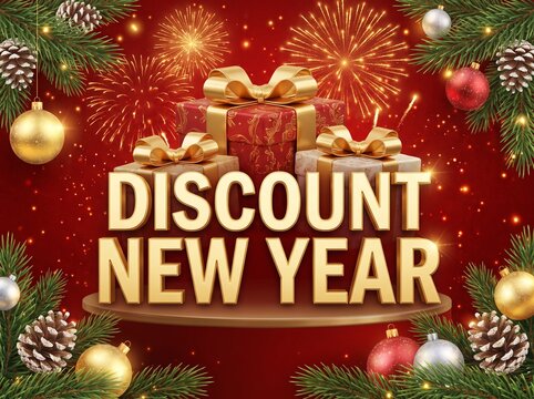 Discount New Year golden typography banner with wrapped gift boxes, fireworks, and festive decorations on a red background